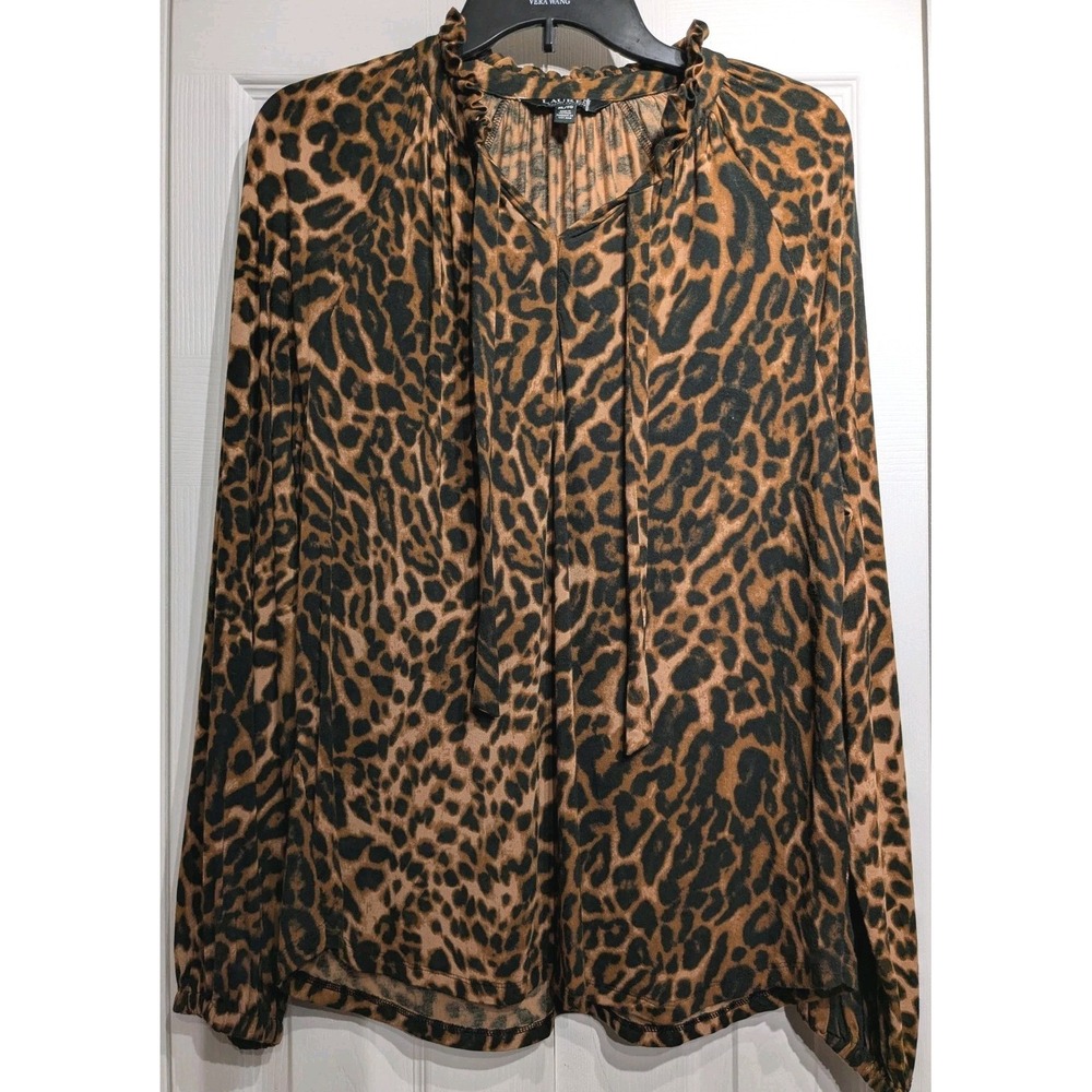Lauren Ralph Lauren Black Label Top Women XL Leopard Ruffle Long Sleeve Jersey